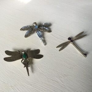 Sterling Silver (2) Dragonfly Brooches & One Beaded Brooch